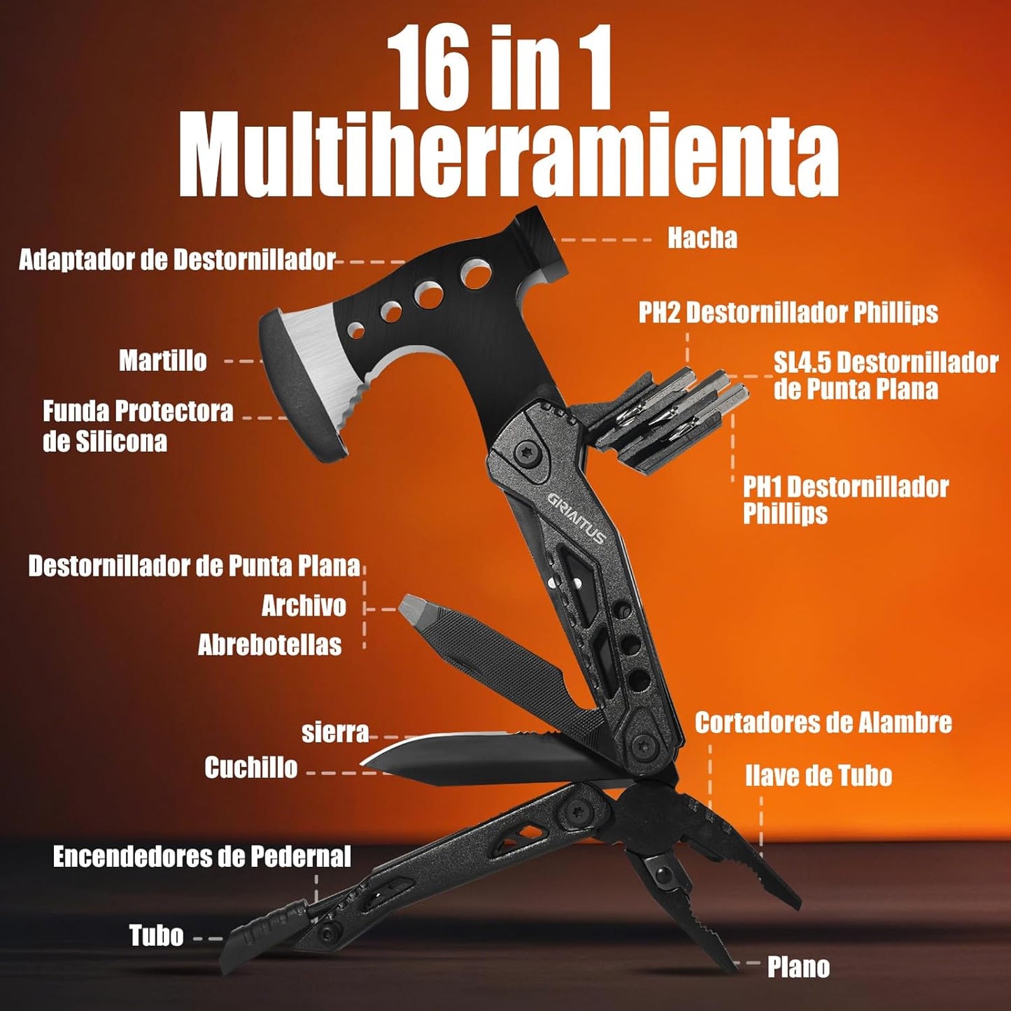 Accesorios Multiherramienta para Acampar, Regalos para Hombres 16en1 Herramienta Multiuso con Hacha Supervivencia, Alicates de Martillo, Destornilladores, Abrebotellas Regalo Dia Del Padre