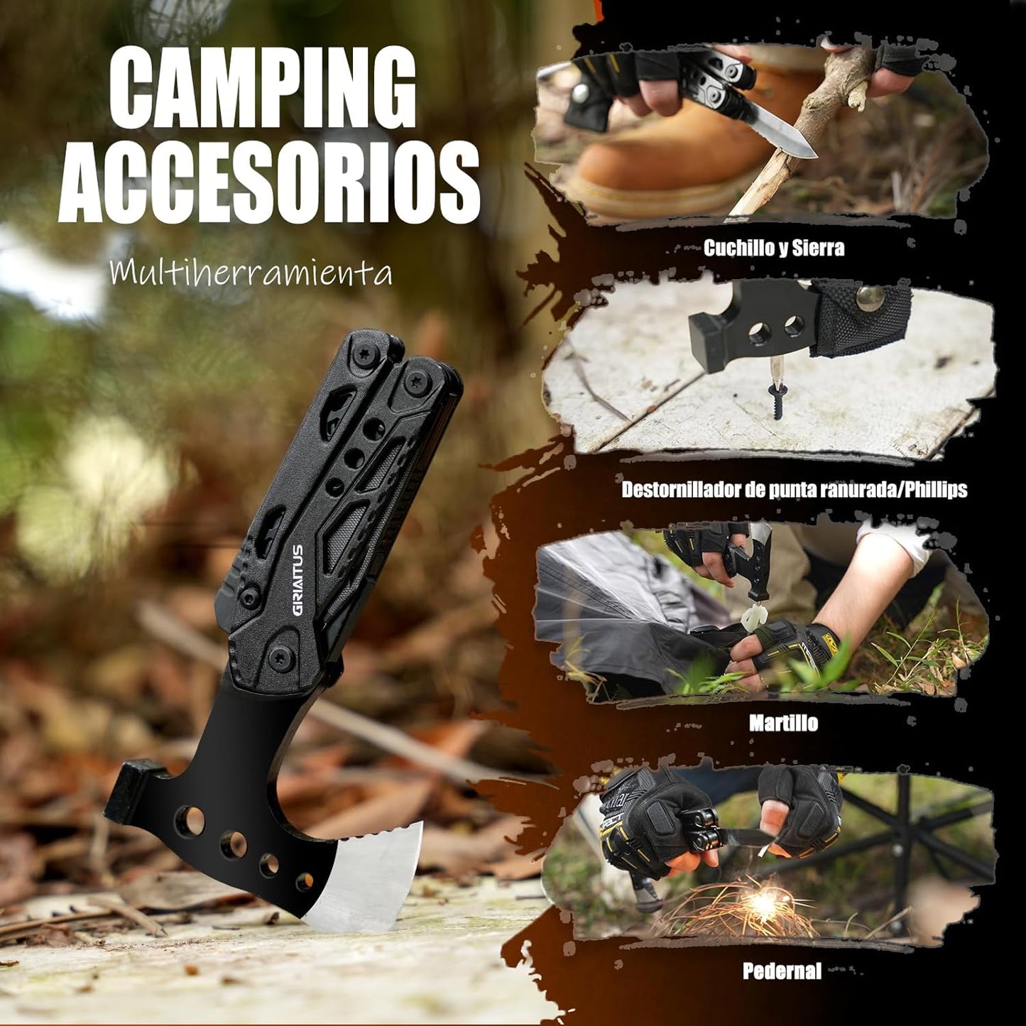 Accesorios Multiherramienta para Acampar, Regalos para Hombres 16en1 Herramienta Multiuso con Hacha Supervivencia, Alicates de Martillo, Destornilladores, Abrebotellas Regalo Dia Del Padre