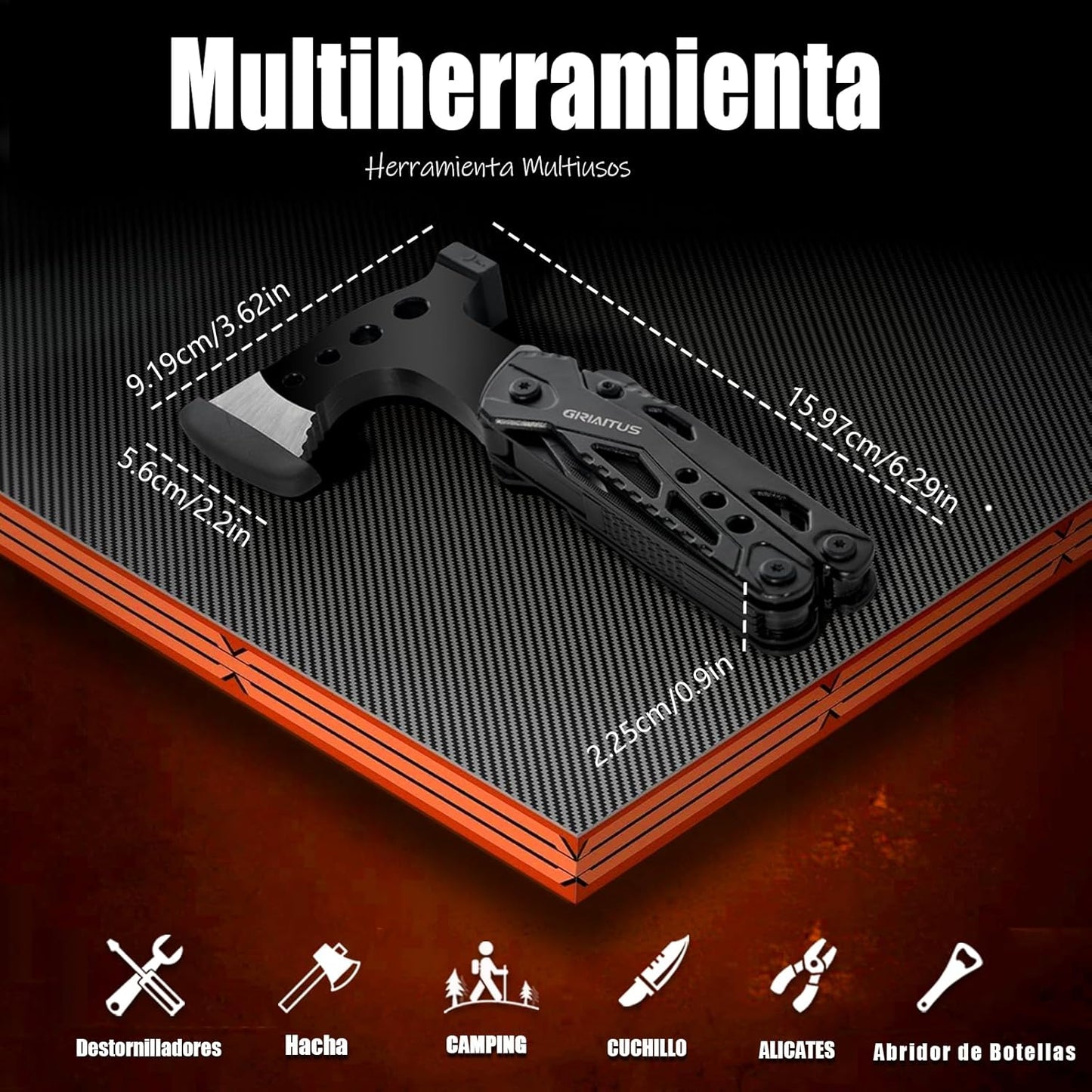 Accesorios Multiherramienta para Acampar, Regalos para Hombres 16en1 Herramienta Multiuso con Hacha Supervivencia, Alicates de Martillo, Destornilladores, Abrebotellas Regalo Dia Del Padre
