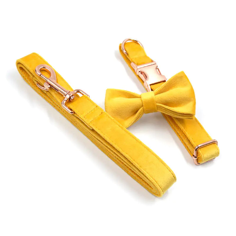 Set de Collar de Perro de Terciopelo Amarillo con Lazo