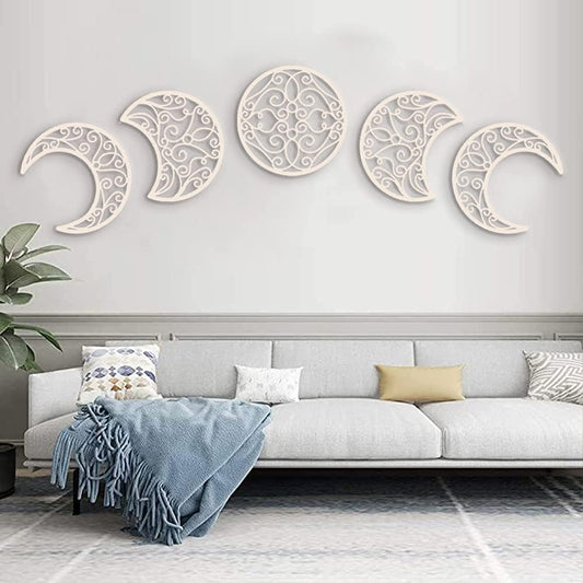 Moon Decoracion Pared, 5 Piezas hogar Decoracion Salon del Norte de Europa Moon Phase Nature Diseño, Pared Bohemia Dormitorio decoración de la Pared (Color de Madera Claro)