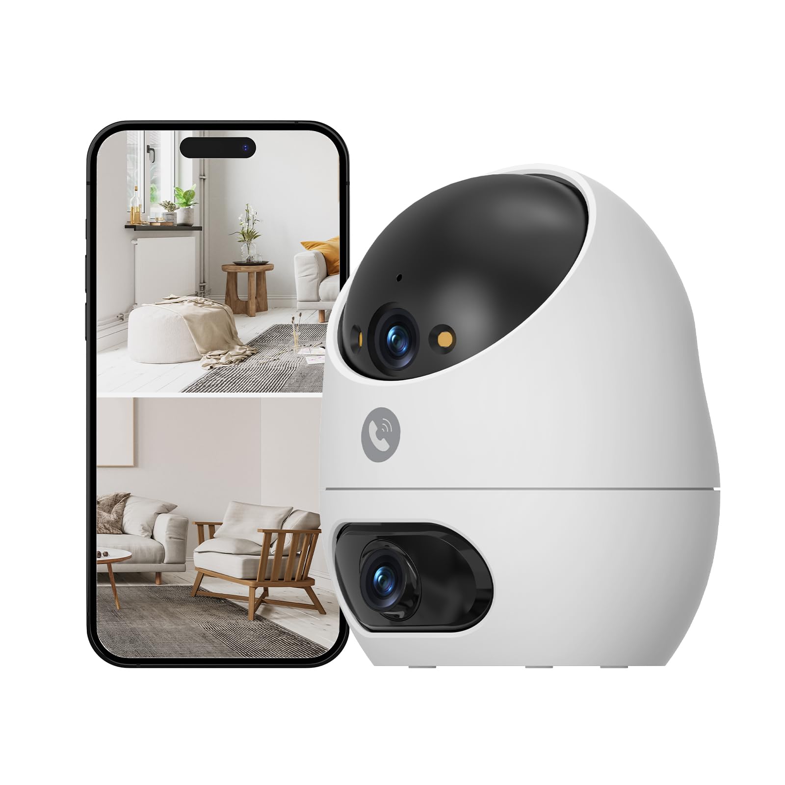 Beans View Cámara de Interior para Seguridad D210, Vista de 360°, 2.4GHz Wi-Fi 1080P, Cámara Mascotas/Perros/Gatos, Visión Nocturna en Color, Detección Humana, Autoseguimiento, Compatible con Alexa