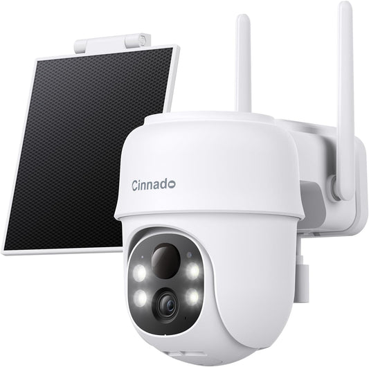 Cinnado 2K Camara Vigilancia WiFi Exterior Solar - Camaras Vigilancia Domicilio WiFi, 360° Cámara Exterior sin Cables con Bateria, PIR Sirena, Visión Nocturna Color, IP65, Blanco