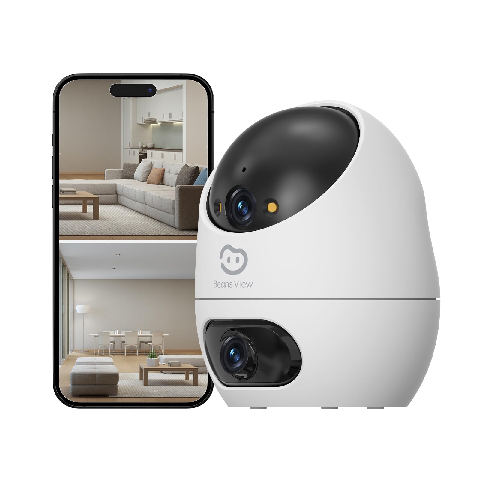 Beans View Cámara de Interior para Seguridad D210, Vista de 360°, 2.4GHz Wi-Fi 1080P, Cámara Mascotas/Perros/Gatos, Visión Nocturna en Color, Detección Humana, Autoseguimiento, Compatible con Alexa