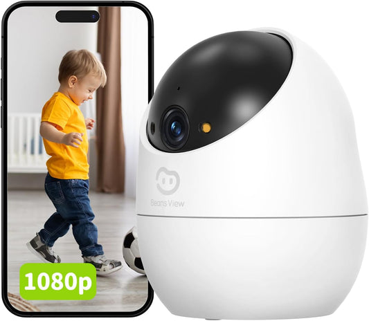 Beans View Cámara de Interior para Seguridad D210, Vista de 360°, 2.4GHz Wi-Fi 1080P, Cámara Mascotas/Perros/Gatos, Visión Nocturna en Color, Detección Humana, Autoseguimiento, Compatible con Alexa