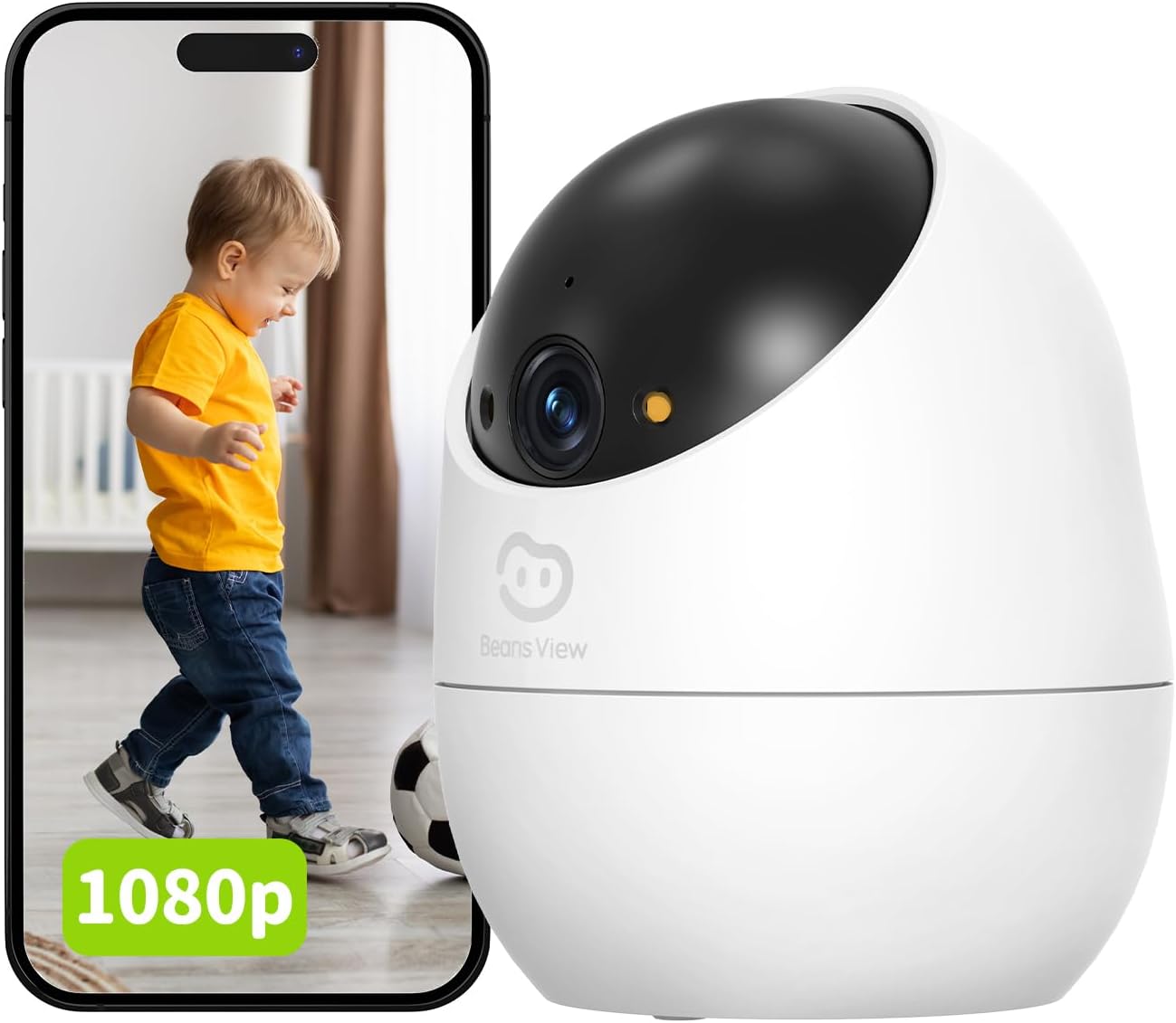 Beans View Cámara de Interior para Seguridad D210, Vista de 360°, 2.4GHz Wi-Fi 1080P, Cámara Mascotas/Perros/Gatos, Visión Nocturna en Color, Detección Humana, Autoseguimiento, Compatible con Alexa