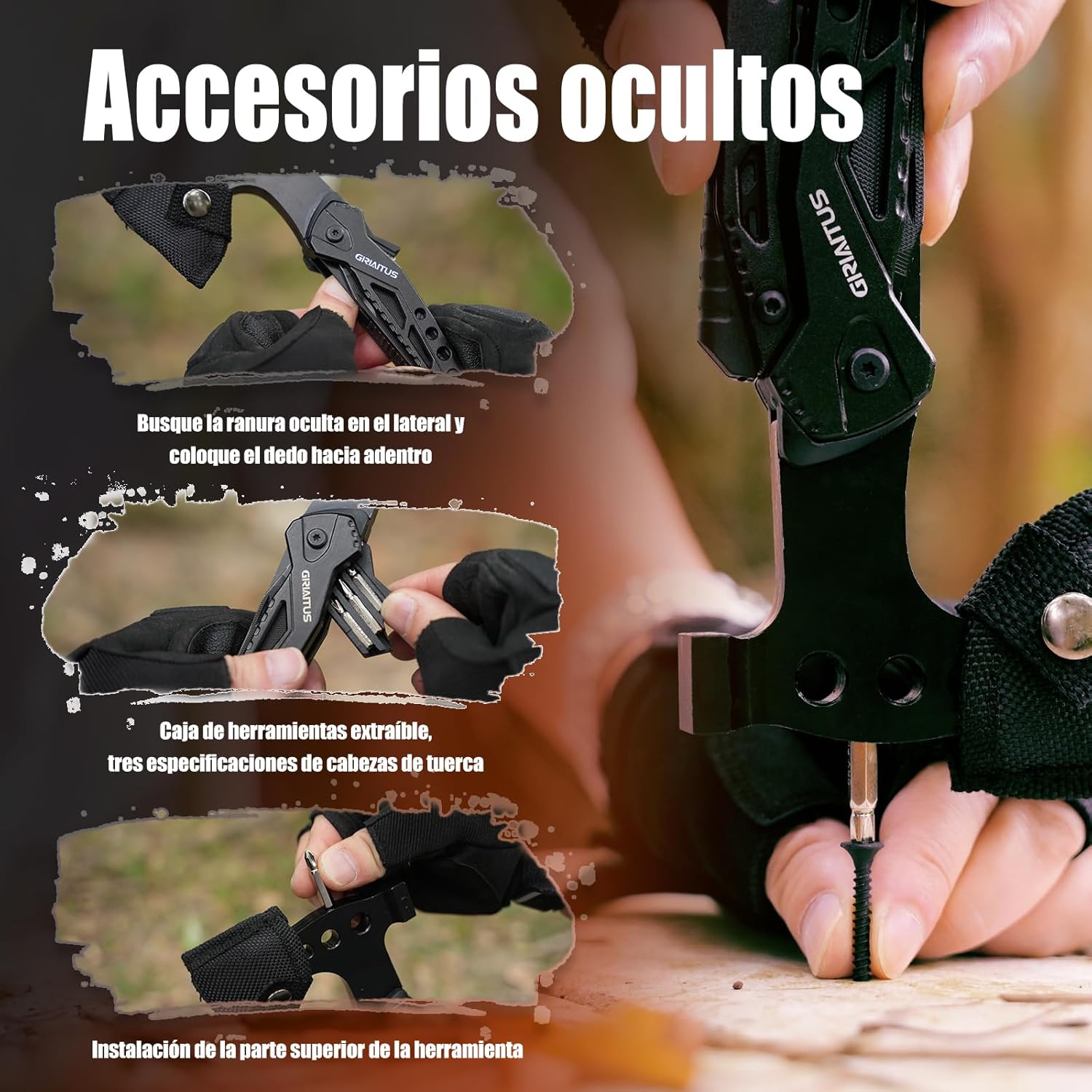 Accesorios Multiherramienta para Acampar, Regalos para Hombres 16en1 Herramienta Multiuso con Hacha Supervivencia, Alicates de Martillo, Destornilladores, Abrebotellas Regalo Dia Del Padre