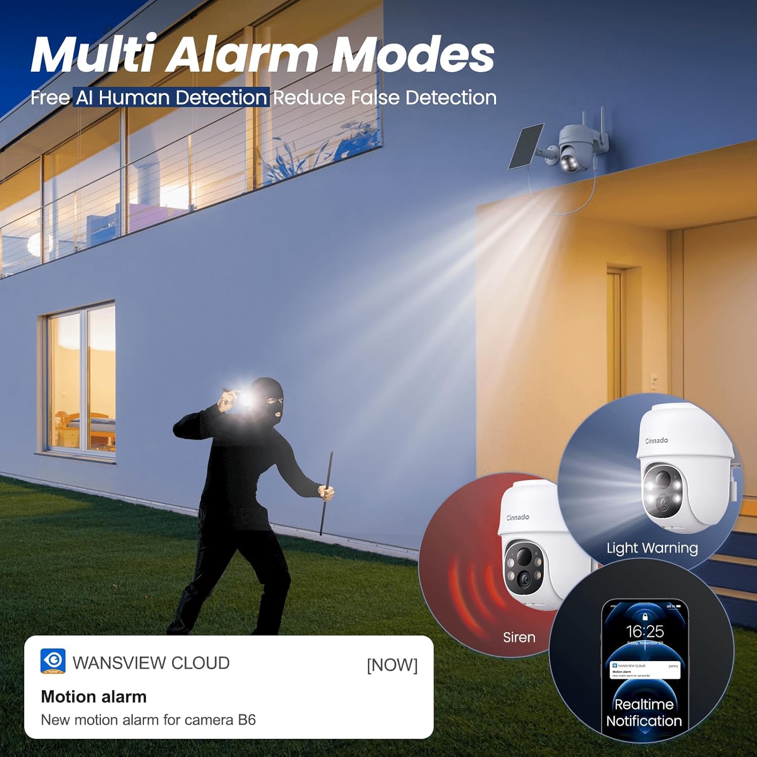 Cinnado 2K Camara Vigilancia WiFi Exterior Solar - Camaras Vigilancia Domicilio WiFi, 360° Cámara Exterior sin Cables con Bateria, PIR Sirena, Visión Nocturna Color, IP65, Blanco