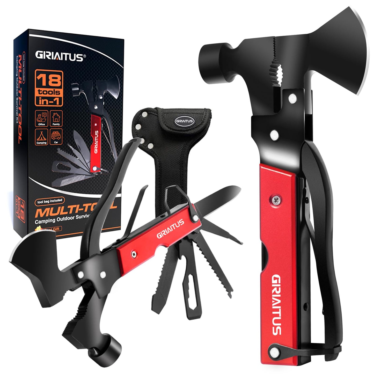 Accesorios Multiherramienta para Acampar, Regalos para Hombres 16en1 Herramienta Multiuso con Hacha Supervivencia, Alicates de Martillo, Destornilladores, Abrebotellas Regalo Dia Del Padre