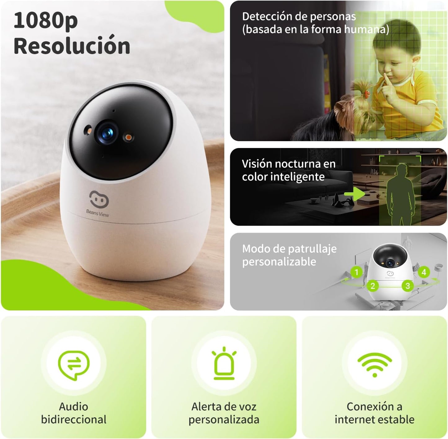 Beans View Cámara de Interior para Seguridad D210, Vista de 360°, 2.4GHz Wi-Fi 1080P, Cámara Mascotas/Perros/Gatos, Visión Nocturna en Color, Detección Humana, Autoseguimiento, Compatible con Alexa