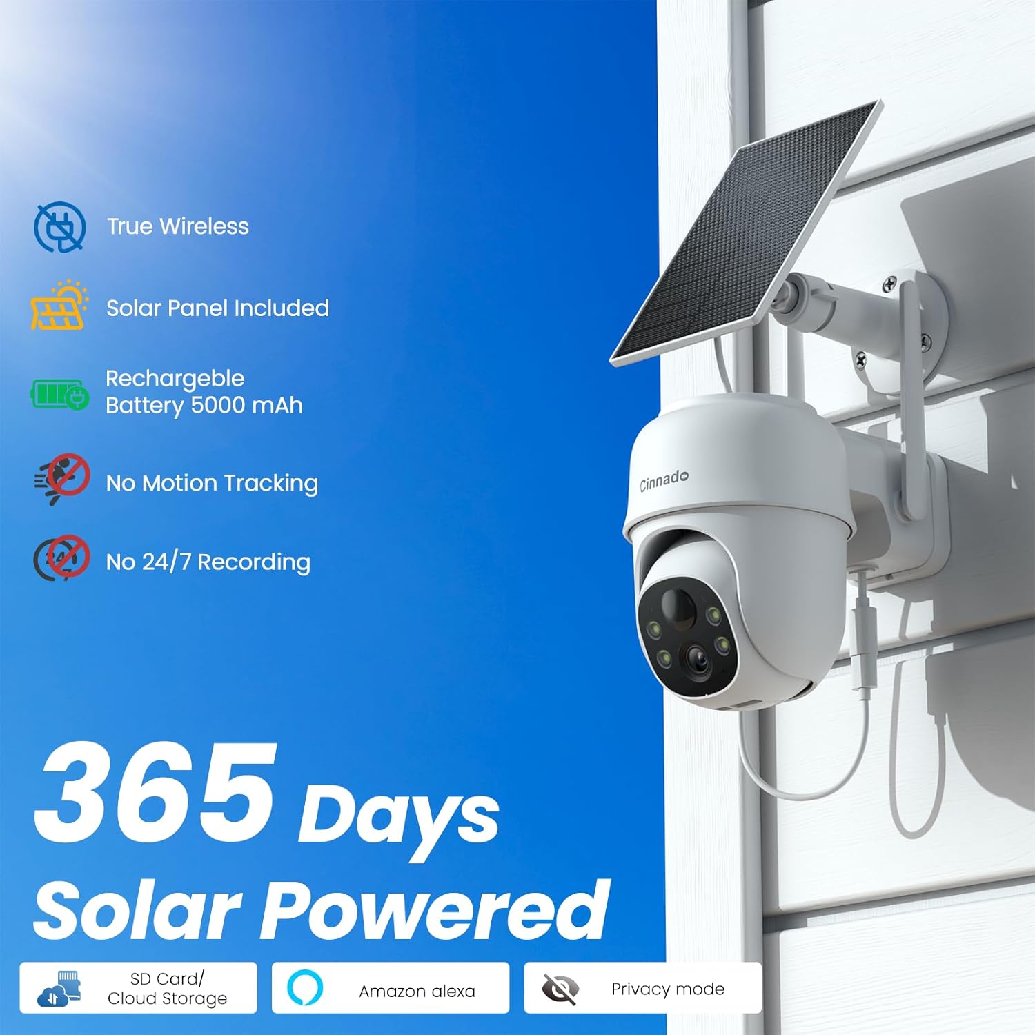 Cinnado 2K Camara Vigilancia WiFi Exterior Solar - Camaras Vigilancia Domicilio WiFi, 360° Cámara Exterior sin Cables con Bateria, PIR Sirena, Visión Nocturna Color, IP65, Blanco