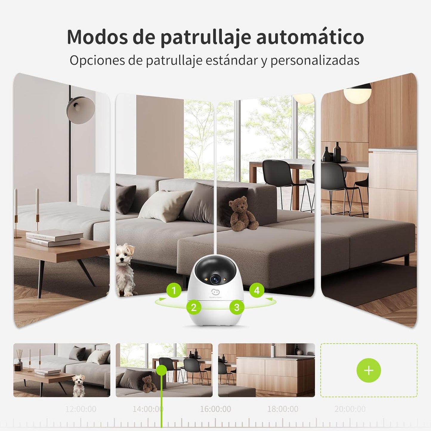 Beans View Cámara de Interior para Seguridad D210, Vista de 360°, 2.4GHz Wi-Fi 1080P, Cámara Mascotas/Perros/Gatos, Visión Nocturna en Color, Detección Humana, Autoseguimiento, Compatible con Alexa