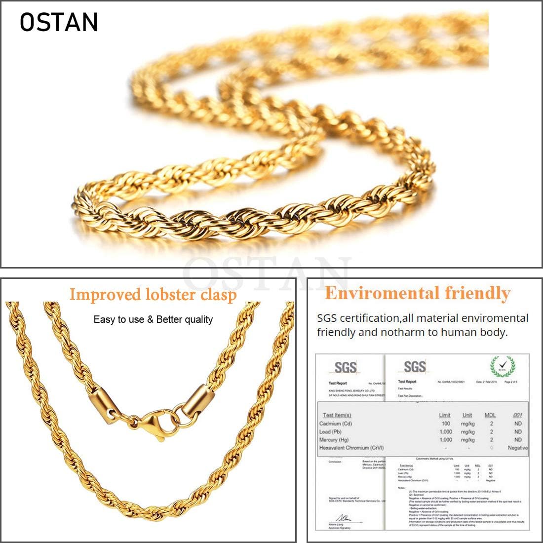 OSTAN 2 MM 3 MM 4 MM 5MM Collar de Cuerda torcida Collar de Cadena de Acero Inoxidable Hombres Mujeres Joyería