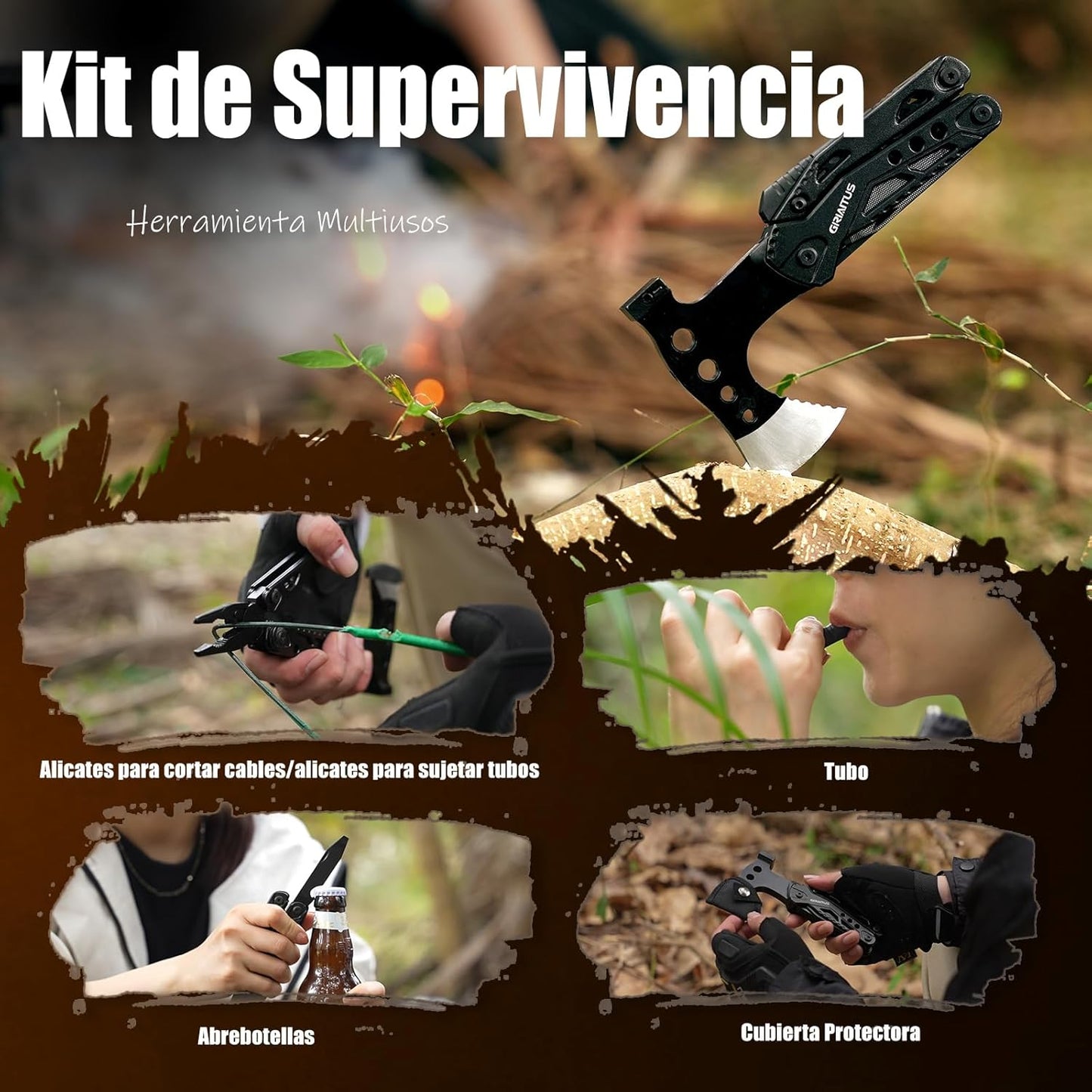 Accesorios Multiherramienta para Acampar, Regalos para Hombres 16en1 Herramienta Multiuso con Hacha Supervivencia, Alicates de Martillo, Destornilladores, Abrebotellas Regalo Dia Del Padre