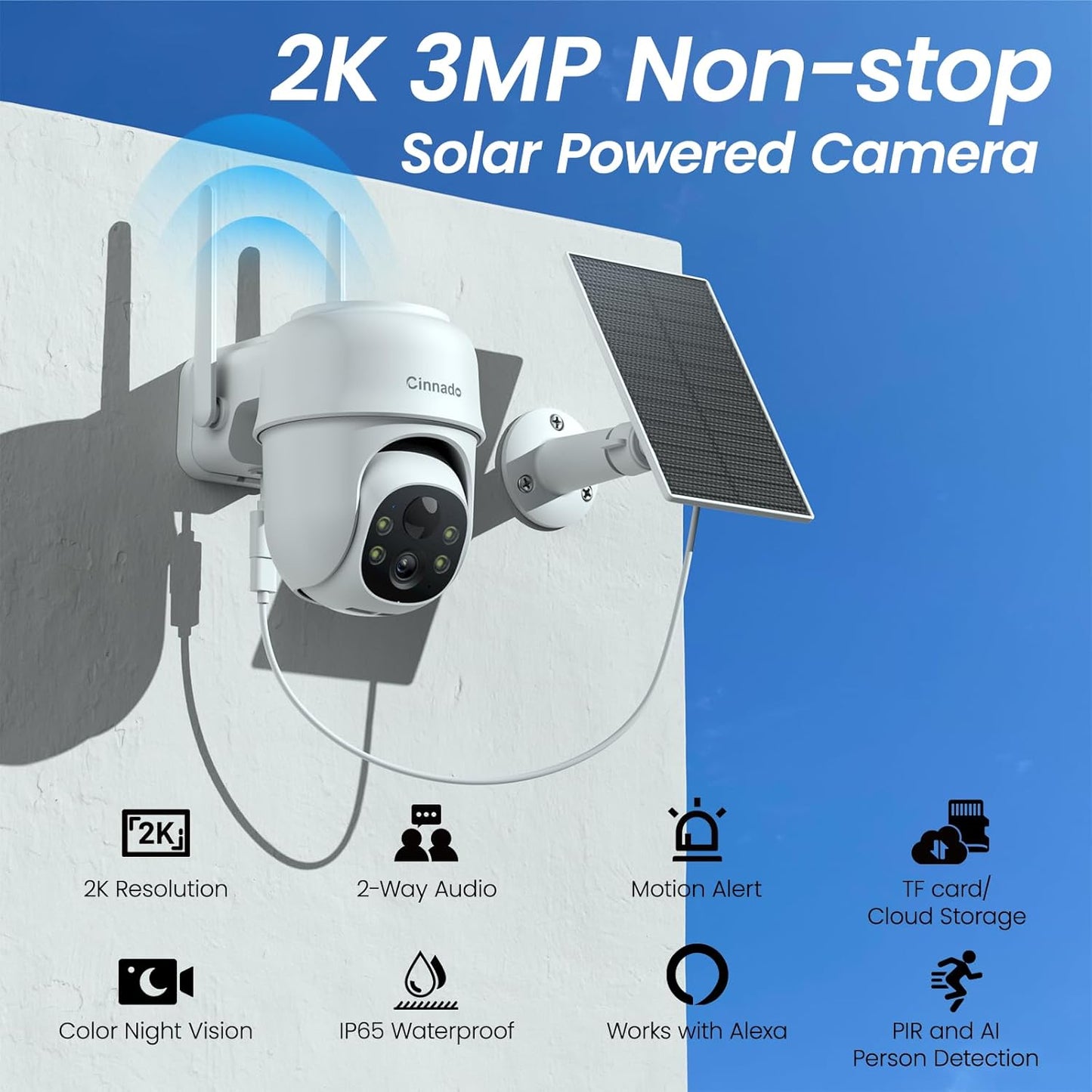 Cinnado 2K Camara Vigilancia WiFi Exterior Solar - Camaras Vigilancia Domicilio WiFi, 360° Cámara Exterior sin Cables con Bateria, PIR Sirena, Visión Nocturna Color, IP65, Blanco