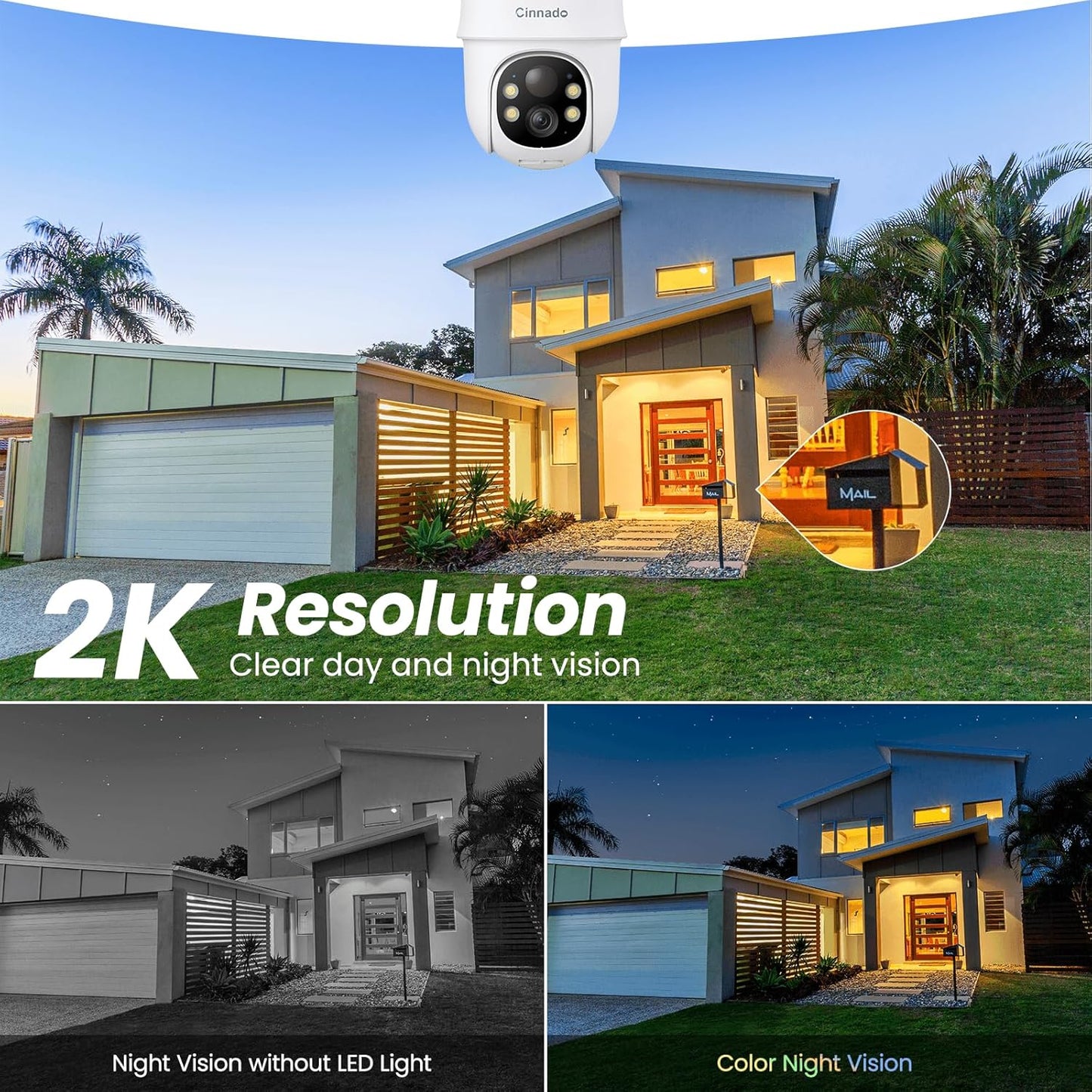Cinnado 2K Camara Vigilancia WiFi Exterior Solar - Camaras Vigilancia Domicilio WiFi, 360° Cámara Exterior sin Cables con Bateria, PIR Sirena, Visión Nocturna Color, IP65, Blanco