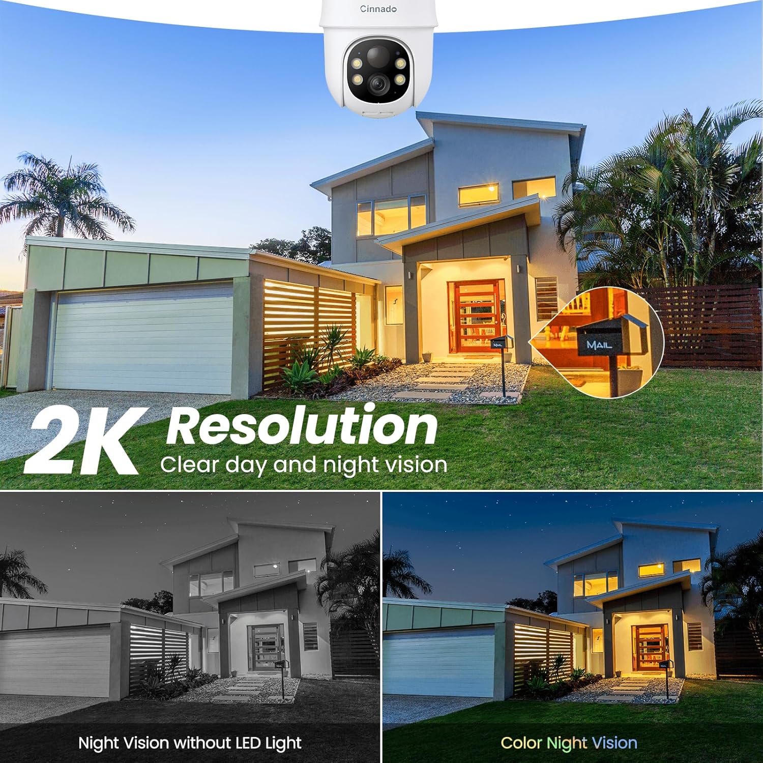 Cinnado 2K Camara Vigilancia WiFi Exterior Solar - Camaras Vigilancia Domicilio WiFi, 360° Cámara Exterior sin Cables con Bateria, PIR Sirena, Visión Nocturna Color, IP65, Blanco