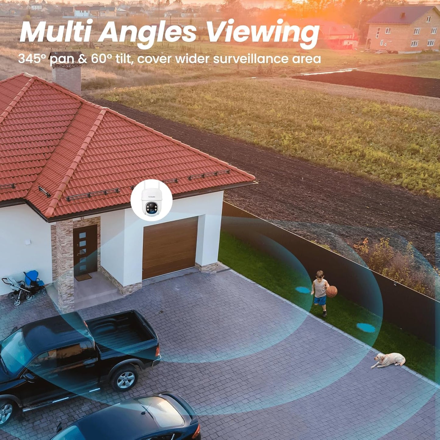 Cinnado 2K Camara Vigilancia WiFi Exterior Solar - Camaras Vigilancia Domicilio WiFi, 360° Cámara Exterior sin Cables con Bateria, PIR Sirena, Visión Nocturna Color, IP65, Blanco